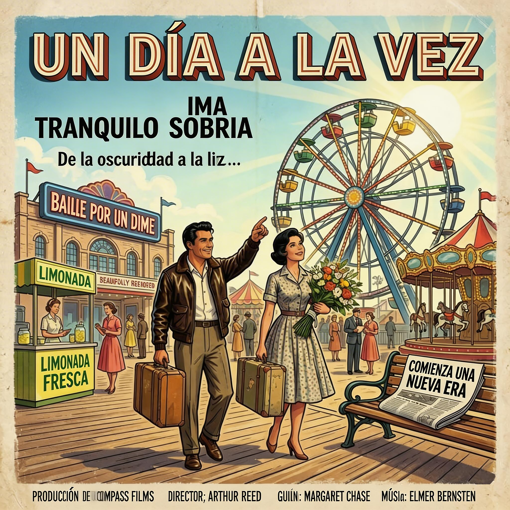 Miniatura de una Diseño retro estilo póster vintage en español con la frase “Un Día a la Vez”, mostrando una pareja caminando en una feria antigua simbolizando recuperación, esperanza y vida sobria.