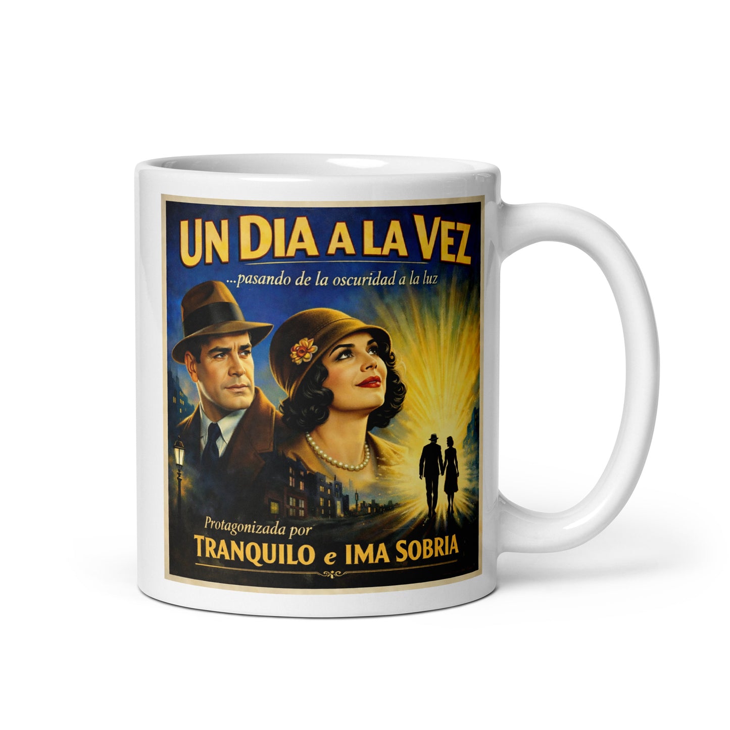 Hermosa y convincente Diseño retro en español para taza de café con pareja vintage y texto “Un Día a la Vez”, inspirado en la recuperación, la sobriedad y el camino de la oscuridad hacia la luz.