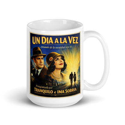 Feliz y alegre Diseño retro en español para taza de café con pareja vintage y texto “Un Día a la Vez”, inspirado en la recuperación, la sobriedad y el camino de la oscuridad hacia la luz.