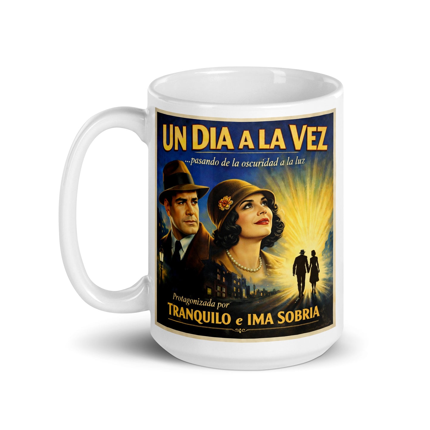 Diseño retro en español para taza de café con pareja vintage y texto “Un Día a la Vez”, inspirado en la recuperación, la sobriedad y el camino de la oscuridad hacia la luz.