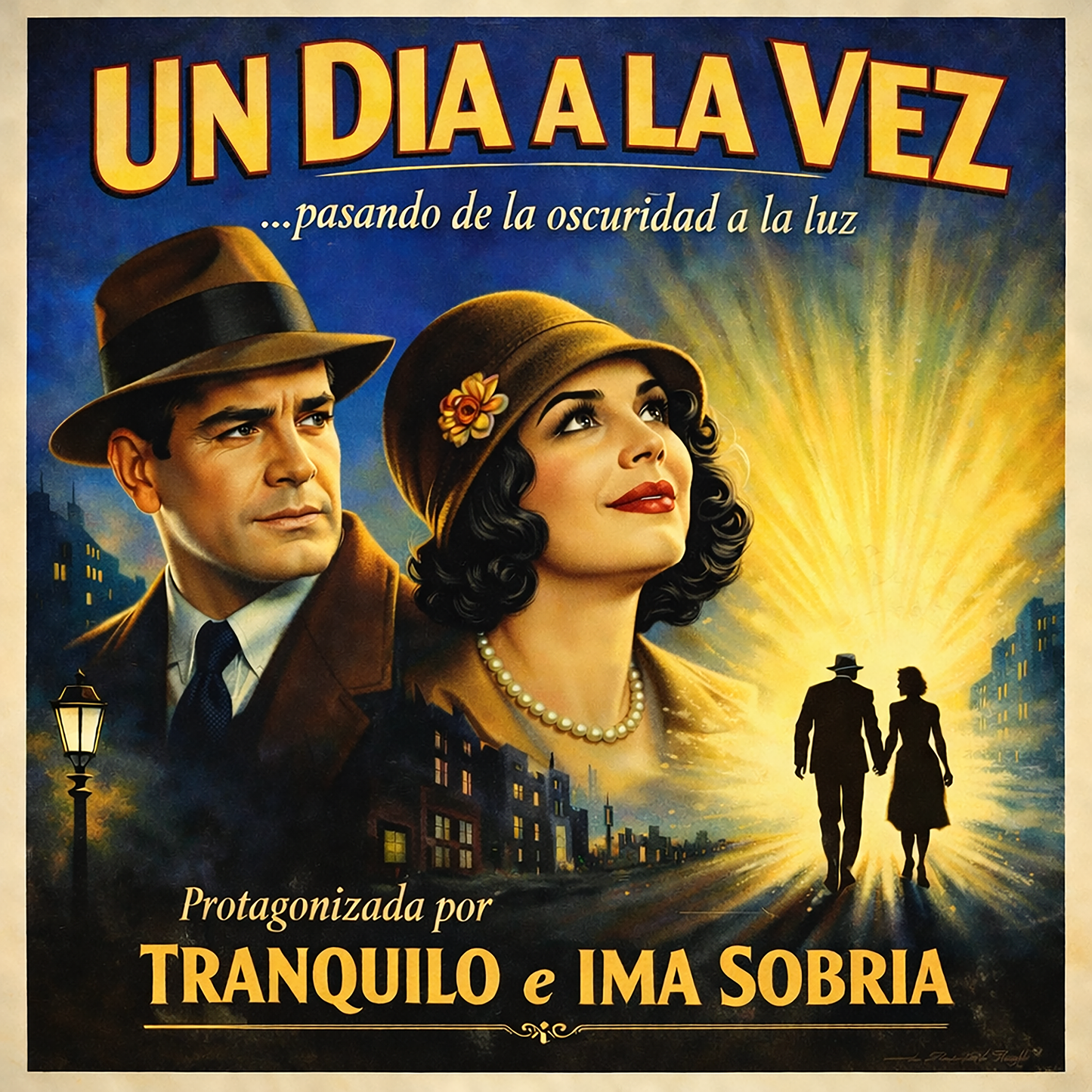 Miniatura de una Diseño retro en español para taza de café con pareja vintage y texto “Un Día a la Vez”, inspirado en la recuperación, la sobriedad y el camino de la oscuridad hacia la luz.