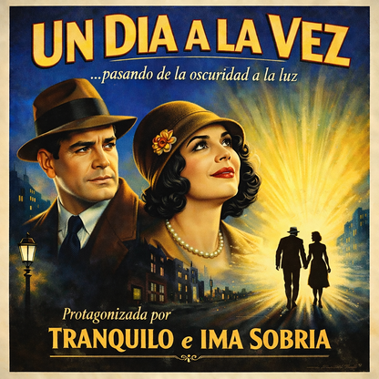 Miniatura de una Diseño retro en español para taza de café con pareja vintage y texto “Un Día a la Vez”, inspirado en la recuperación, la sobriedad y el camino de la oscuridad hacia la luz.