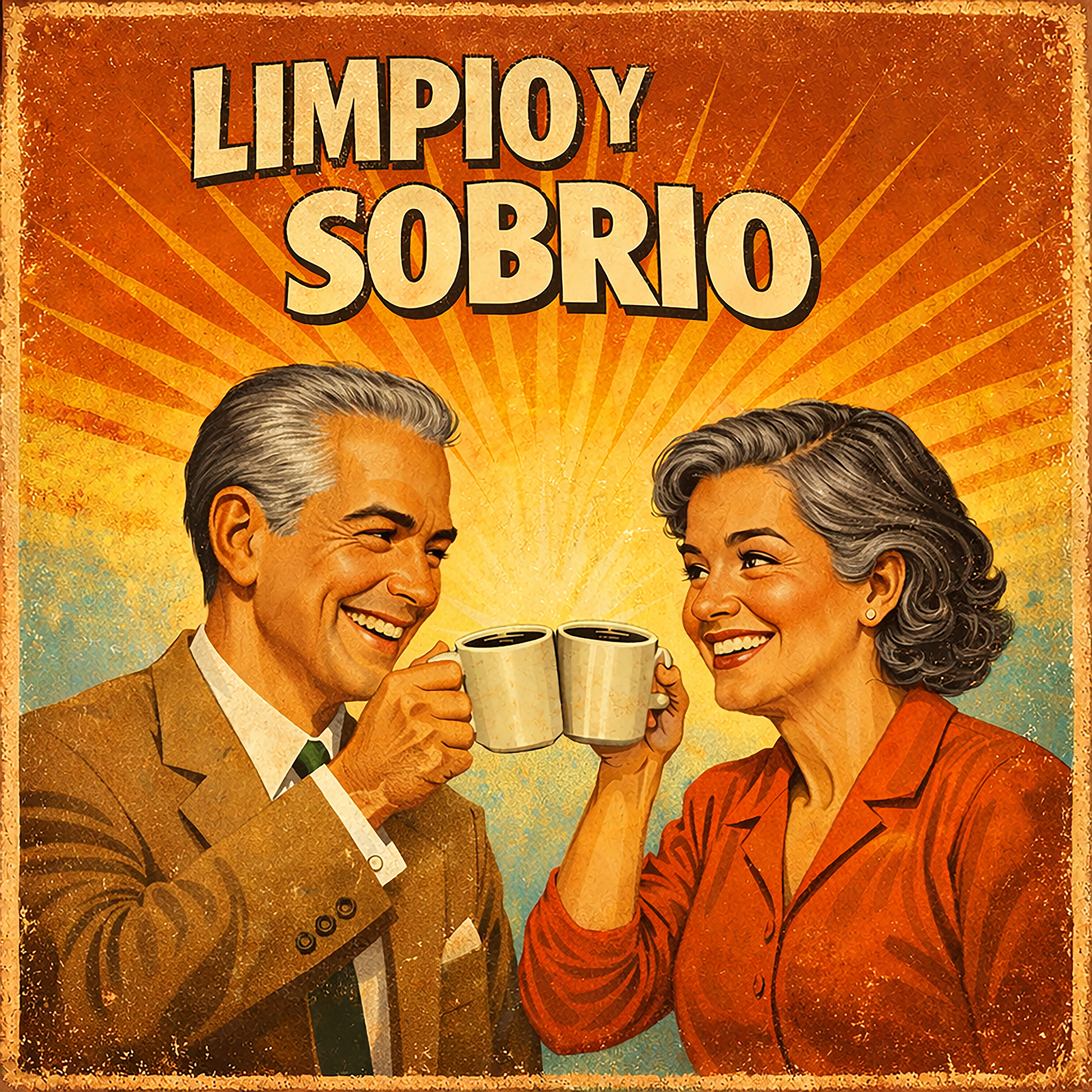 Miniatura de una Diseño retro en español para taza de café con pareja madura brindando con café y texto “Limpio y Sobrio”, inspirado en la recuperación, felicidad y vida libre de alcohol.