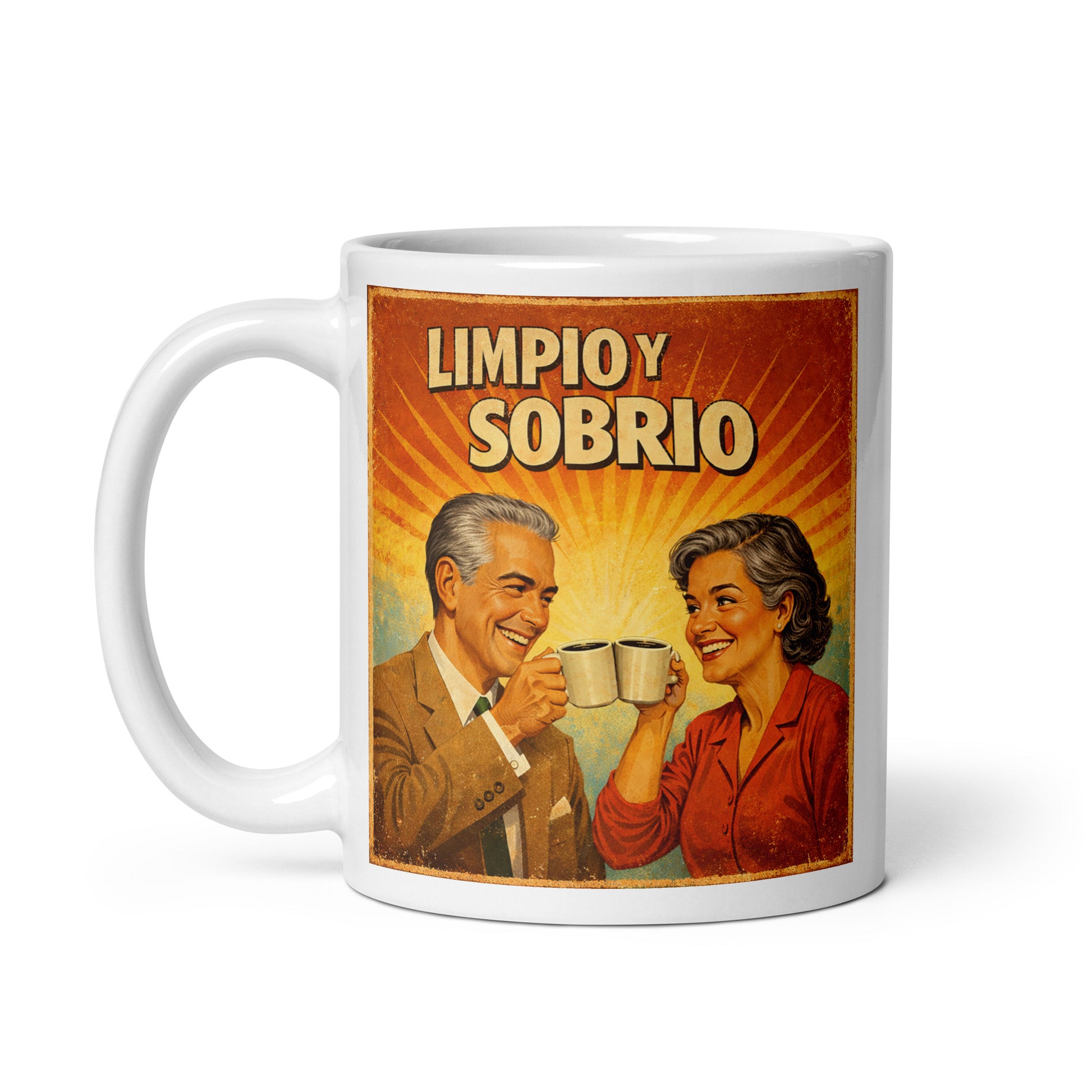 Feliz y alegre Diseño retro en español para taza de café con pareja madura brindando con café y texto “Limpio y Sobrio”, inspirado en la recuperación, felicidad y vida libre de alcohol.