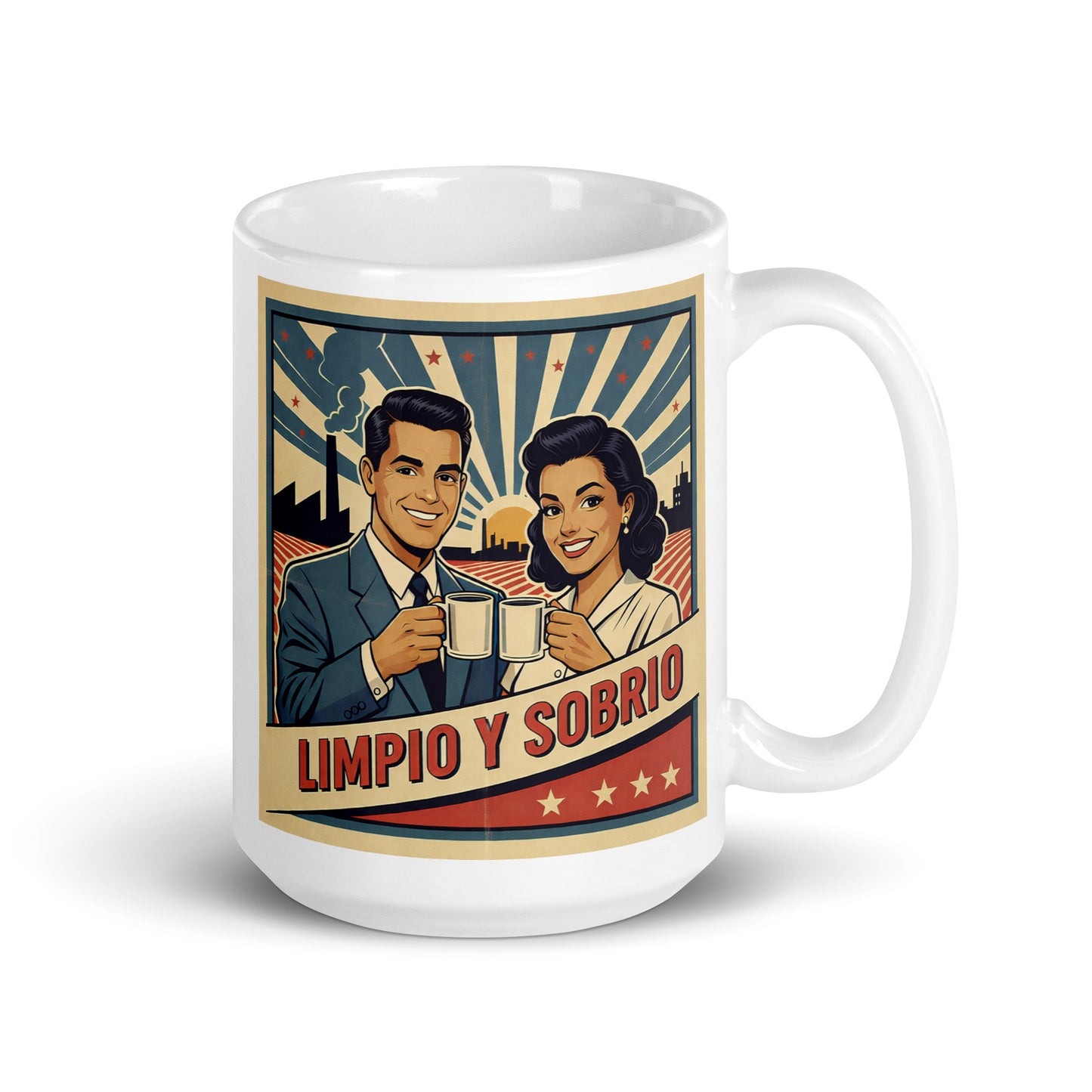Hermosa y convincente Diseño retro en español para taza de café con pareja sonriente brindando y texto “Limpio y Sobrio”, inspirado en anuncios vintage clásicos sobre recuperación y vida sobria.