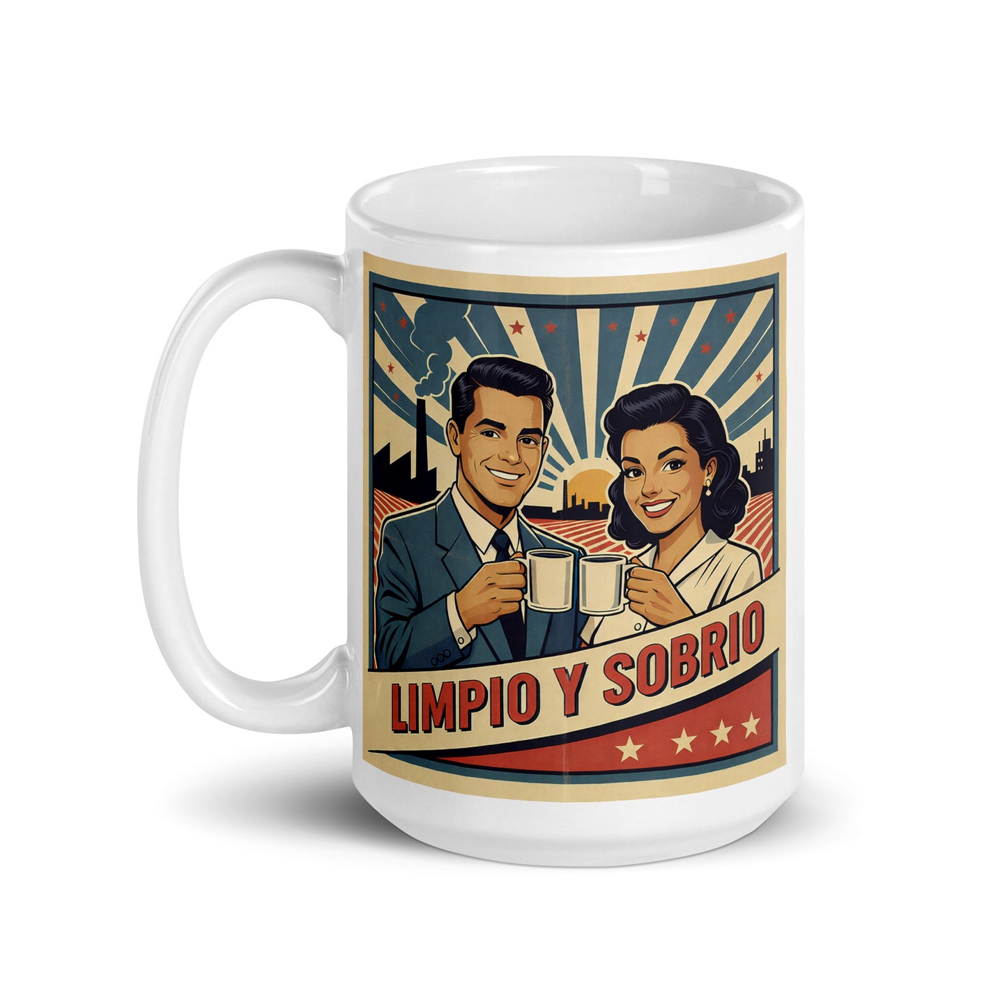 Feliz y alegre  Diseño retro en español para taza de café con pareja sonriente brindando y texto “Limpio y Sobrio”, inspirado en anuncios vintage clásicos sobre recuperación y vida sobria.