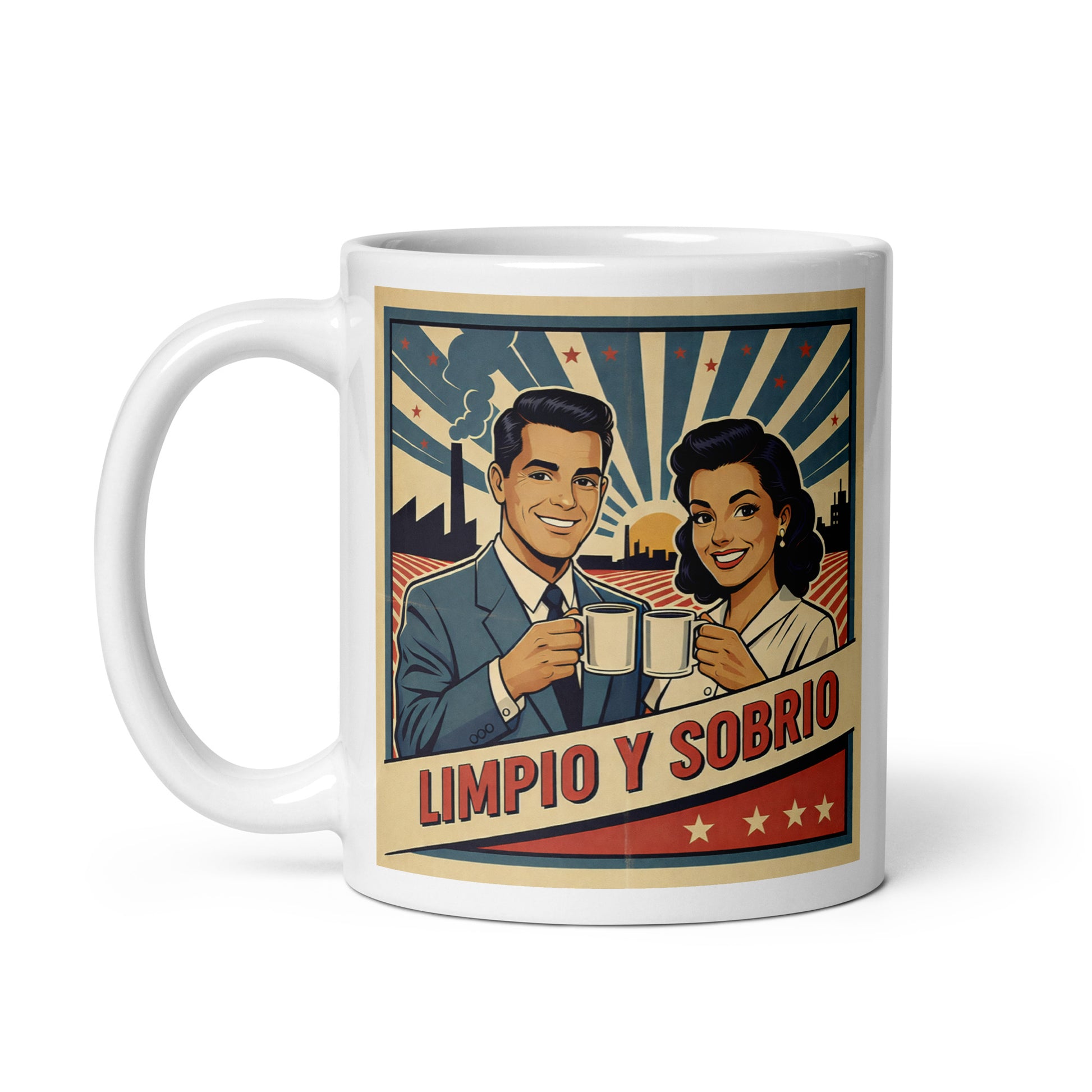 Colorido y animado Diseño retro en español para taza de café con pareja sonriente brindando y texto “Limpio y Sobrio”, inspirado en anuncios vintage clásicos sobre recuperación y vida sobria.