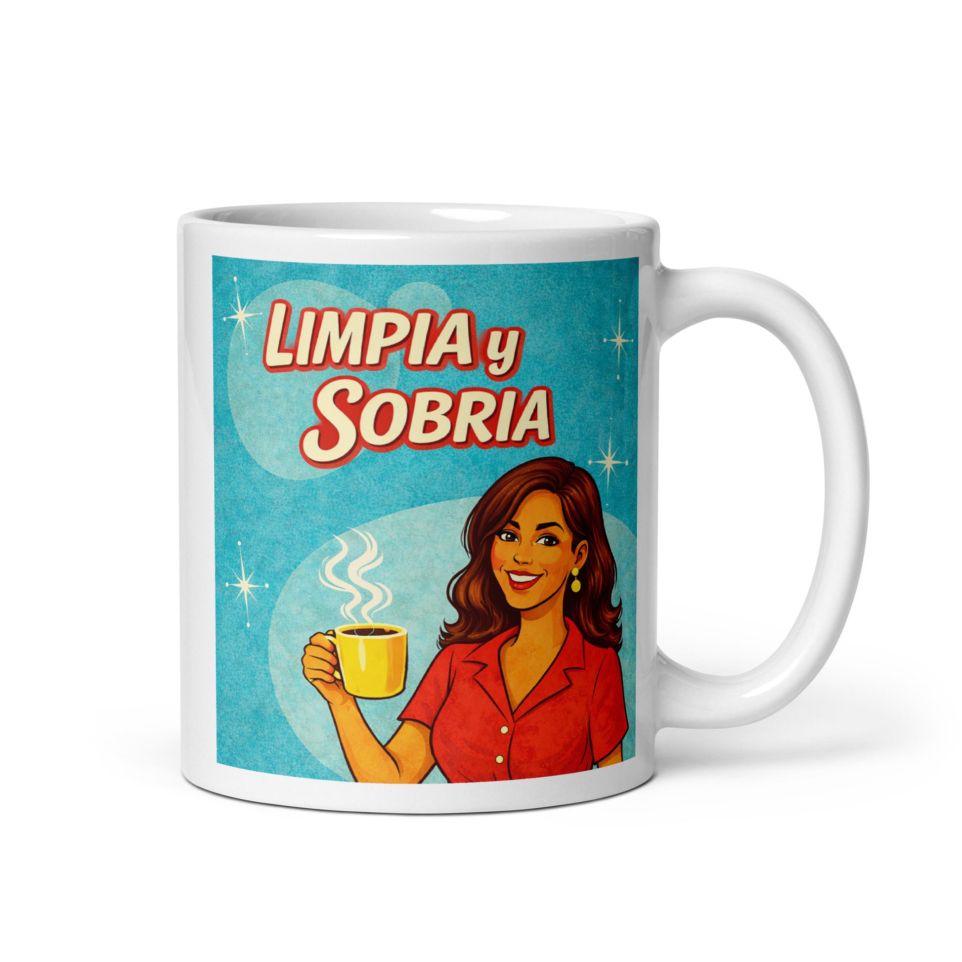 Diseño retro en español para taza de café con mujer sonriente sosteniendo una taza caliente y texto “Limpia y Sobria”, inspirado en anuncios vintage clásicos sobre recuperación y vida sobria.