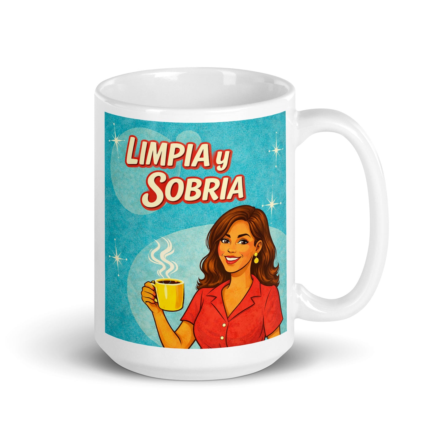 Colorido y animado Diseño retro en español para taza de café con mujer sonriente sosteniendo una taza caliente y texto “Limpia y Sobria”, inspirado en anuncios vintage clásicos sobre recuperación y vida sobria.