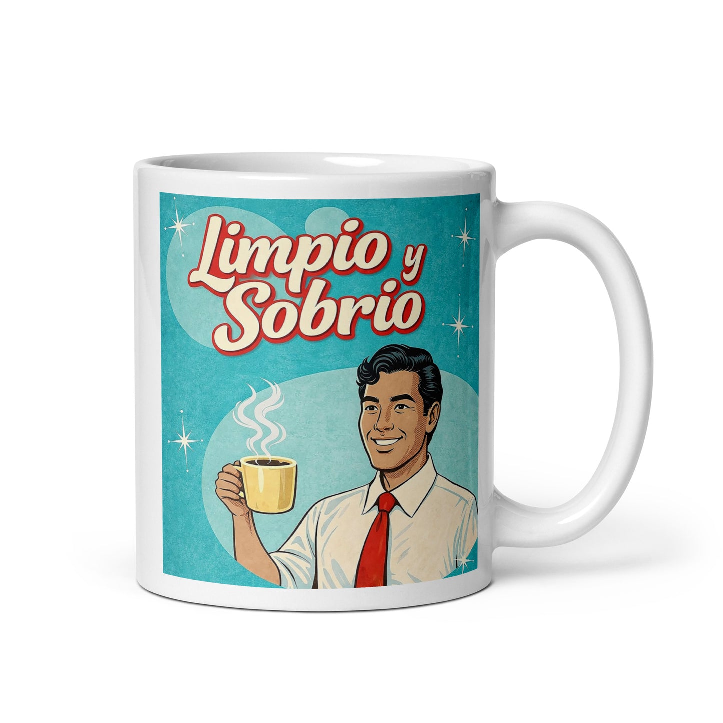 Hermosa y convincente Diseño retro en español para taza de café con hombre sonriente sosteniendo una taza caliente y texto “Limpio y Sobrio”, inspirado en la recuperación y la vida positiva sin alcohol.