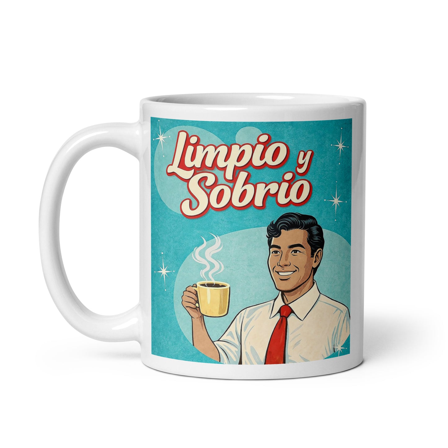 Colorido y animado Diseño retro en español para taza de café con hombre sonriente sosteniendo una taza caliente y texto “Limpio y Sobrio”, inspirado en la recuperación y la vida positiva sin alcohol.