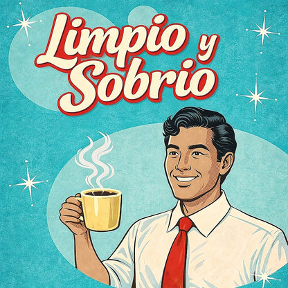 Miniatura de una Diseño retro en español para taza de café con hombre sonriente sosteniendo una taza caliente y texto “Limpio y Sobrio”, inspirado en la recuperación y la vida positiva sin alcohol.