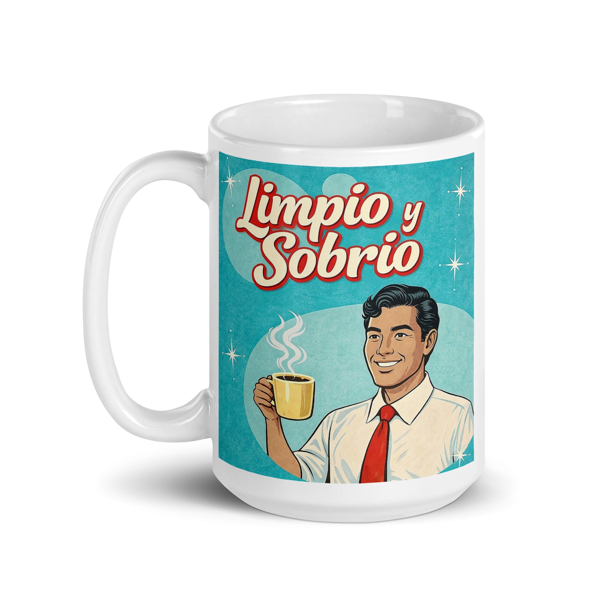 Diseño retro en español para taza de café con hombre sonriente sosteniendo una taza caliente y texto “Limpio y Sobrio”, inspirado en la recuperación y la vida positiva sin alcohol.