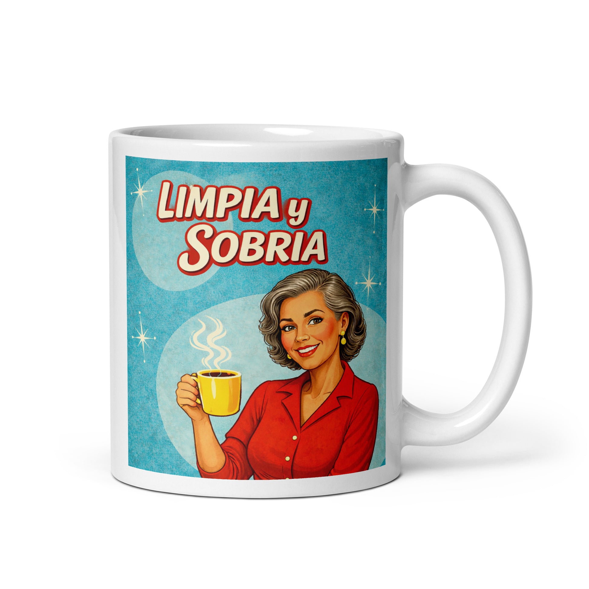 Hermosa y convincente Diseño retro en español para taza de café con mujer elegante sosteniendo una taza y texto “Limpia y Sobria”, inspirado en ilustraciones vintage de recuperación y vida sobria.