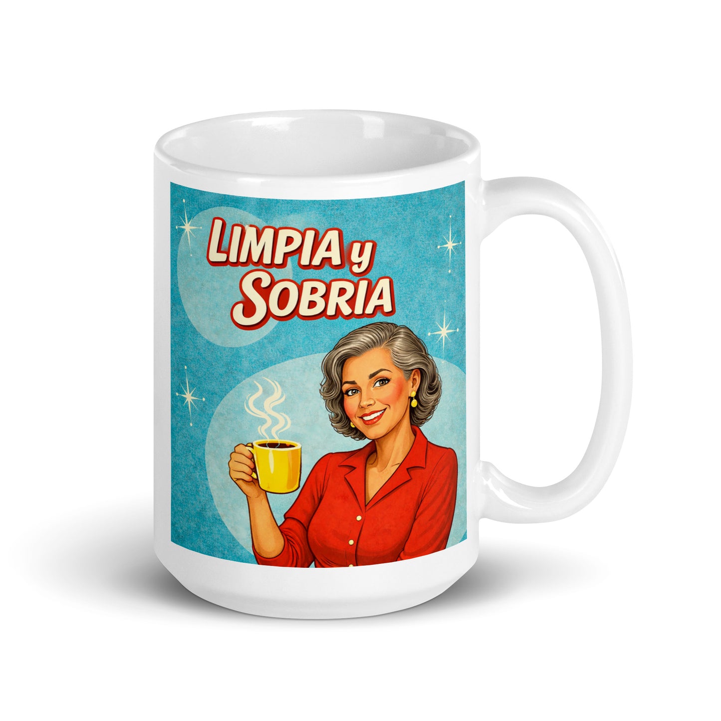 Feliz y alegre Diseño retro en español para taza de café con mujer elegante sosteniendo una taza y texto “Limpia y Sobria”, inspirado en ilustraciones vintage de recuperación y vida sobria.