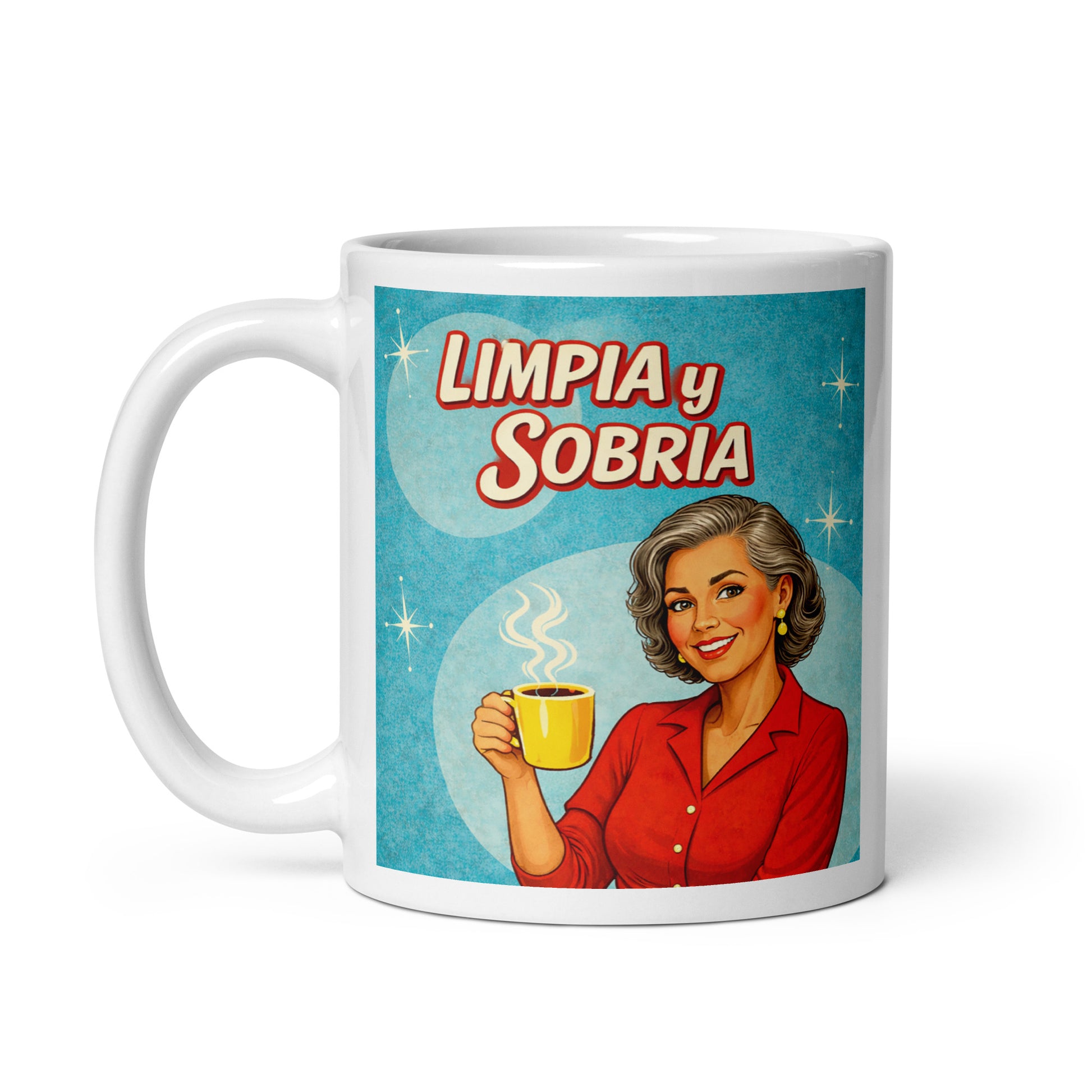 Colorido y animado Diseño retro en español para taza de café con mujer elegante sosteniendo una taza y texto “Limpia y Sobria”, inspirado en ilustraciones vintage de recuperación y vida sobria.