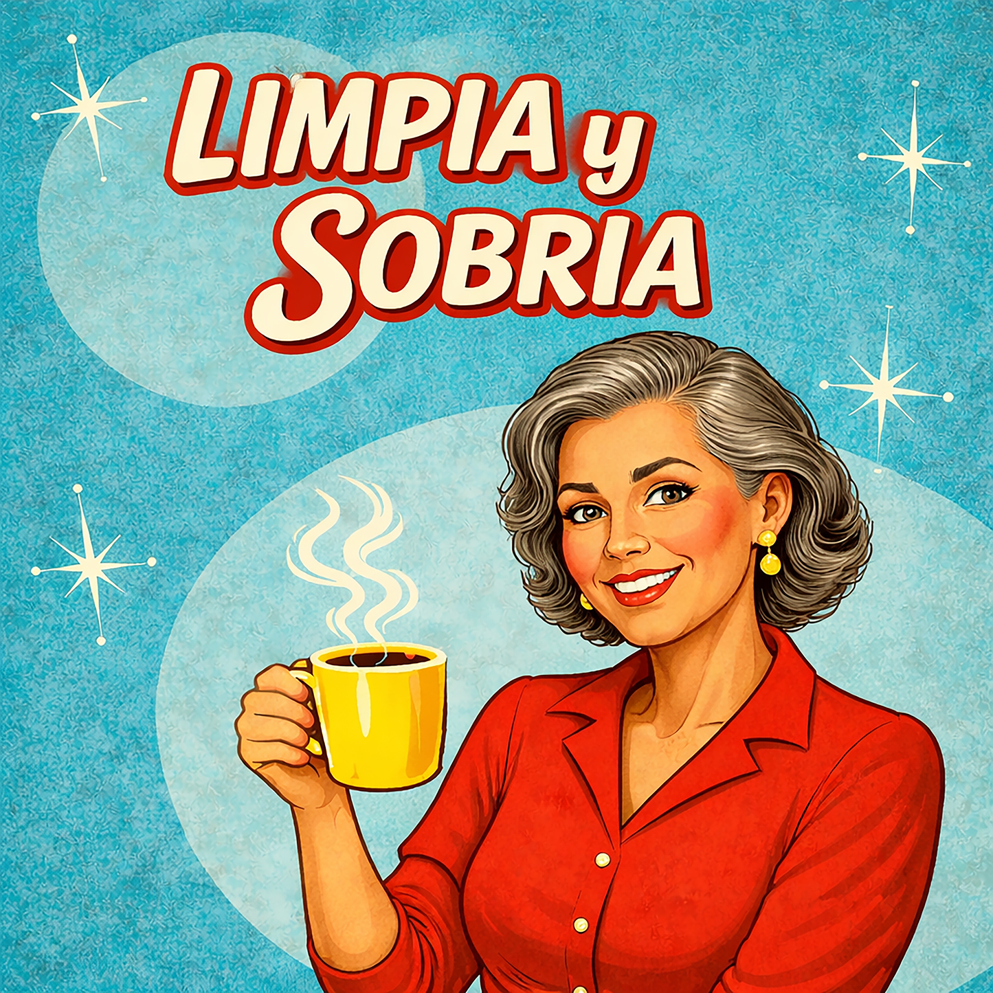 Miniatura de una Diseño retro en español para taza de café con mujer elegante sosteniendo una taza y texto “Limpia y Sobria”, inspirado en ilustraciones vintage de recuperación y vida sobria.