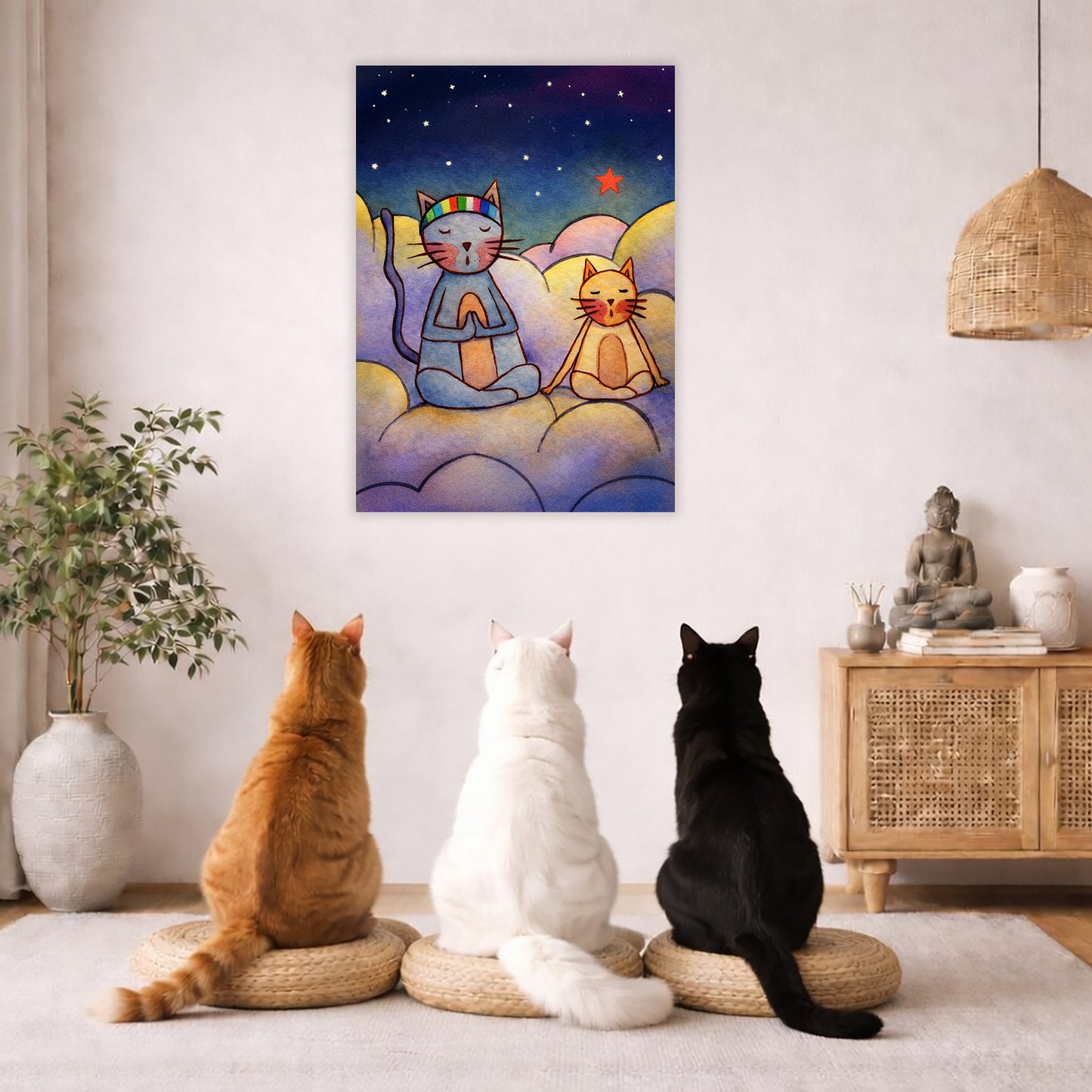 Gray and orange cats meditating together on a cloud at night under a starry sky.  Three cats are staring at the poster.