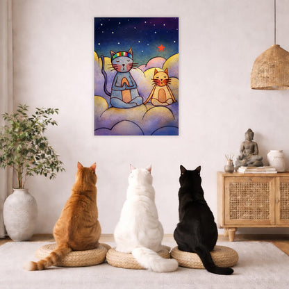 Gray and orange cats meditating together on a cloud at night under a starry sky.  Three cats are staring at the poster.