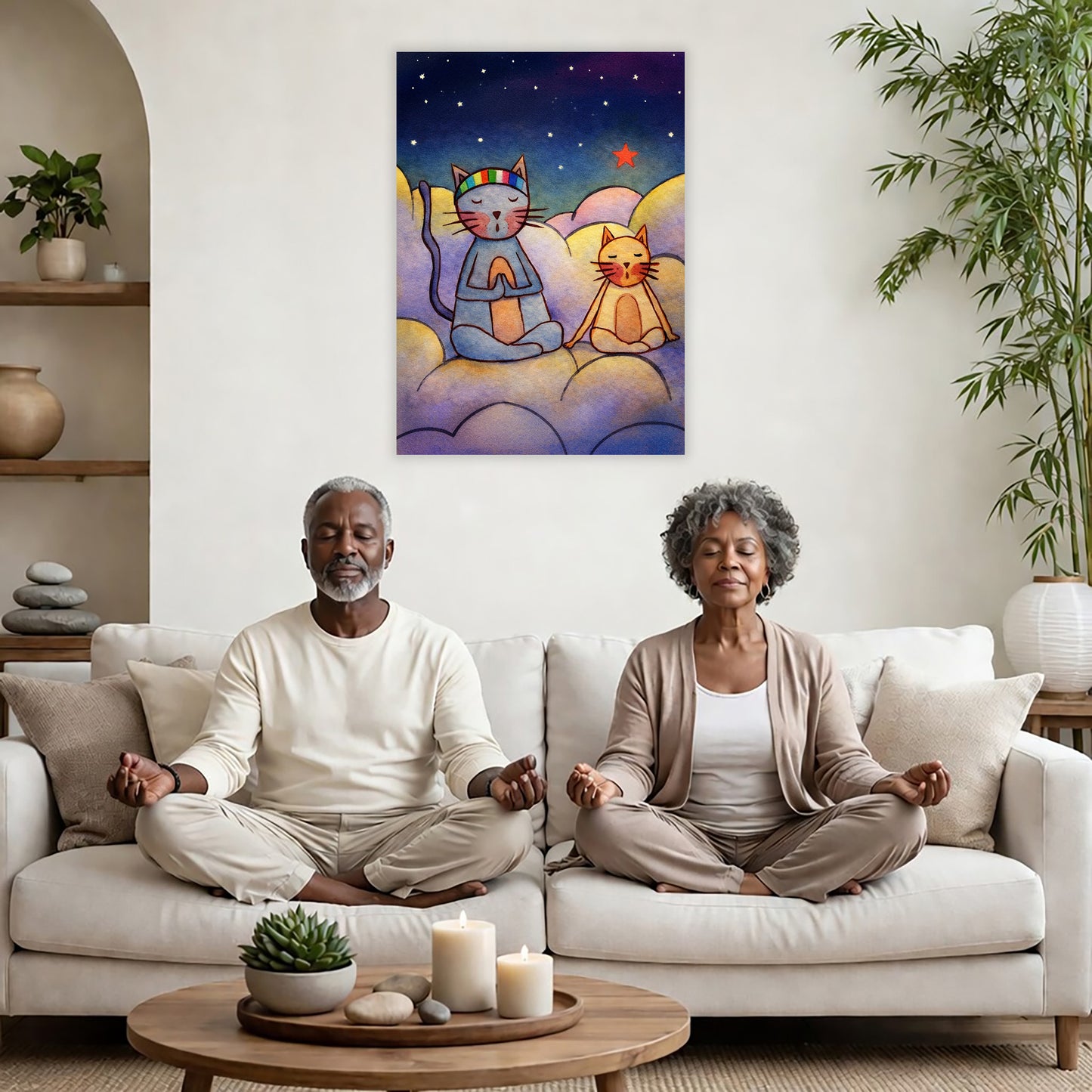 Gray and orange cats meditating together on a cloud at night under a starry sky. A couple is meditating on their couch. The poster is on a wall behind them. There is a coffee table in front with candles burning and a potted plant. There is a potted plant to the right and shelves on the left.
