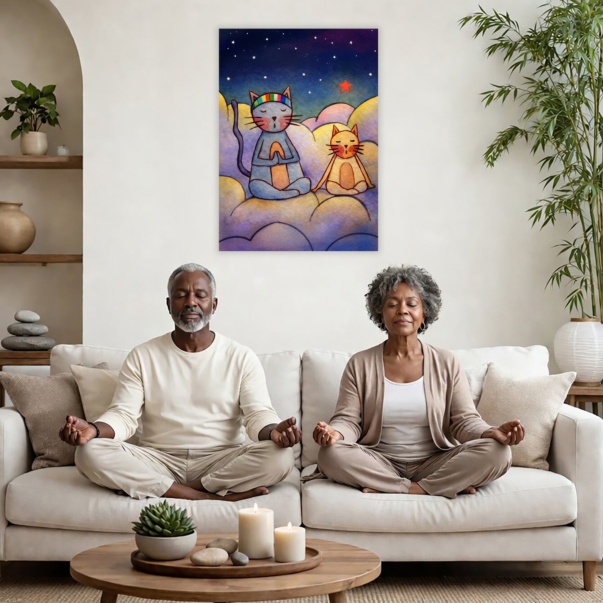 Gray and orange cats meditating together on a cloud at night under a starry sky. A couple is meditating on their couch. The poster is on a wall behind them. There is a coffee table in front with candles burning and a potted plant. There is a potted plant to the right and shelves on the left.
