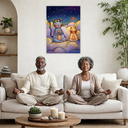 Gray and orange cats meditating together on a cloud at night under a starry sky. A couple is meditating on their couch. The poster is on a wall behind them. There is a coffee table in front with candles burning and a potted plant. There is a potted plant to the right and shelves on the left.
