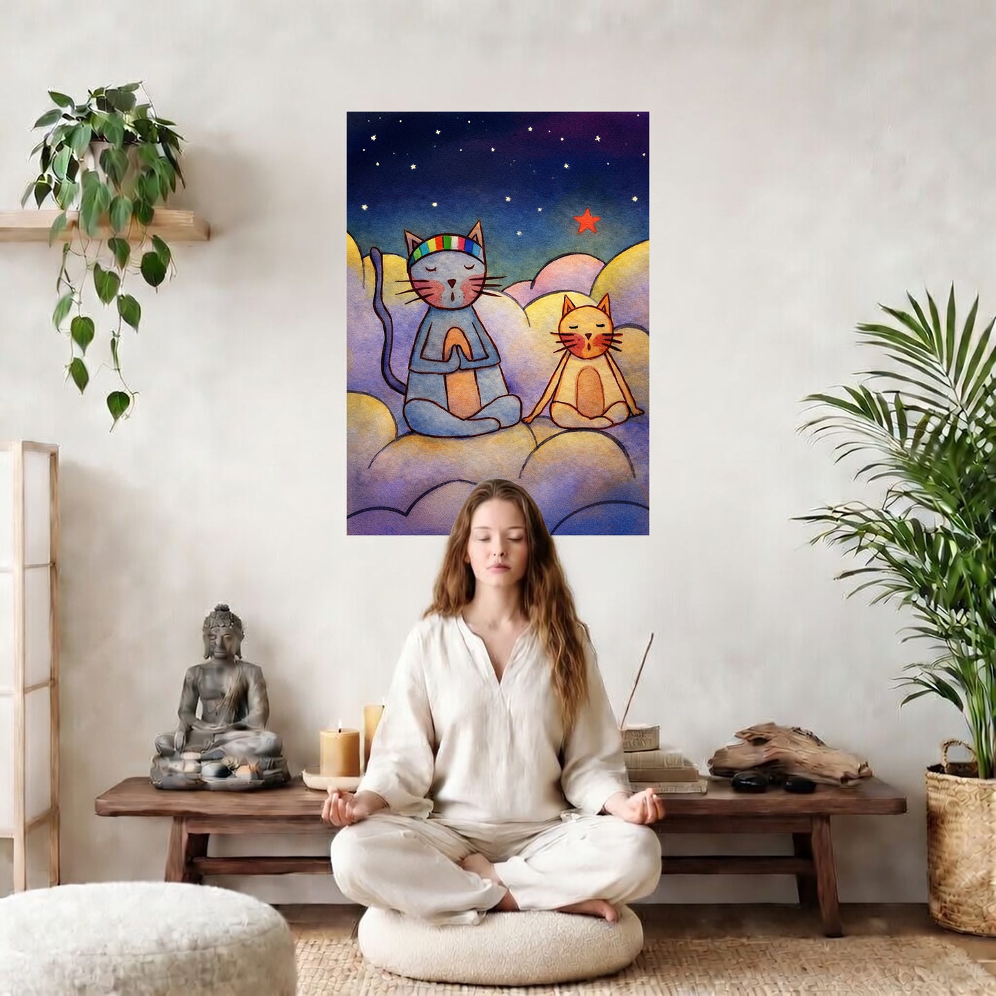 Gray and orange cats meditating together on a cloud at night under a starry sky.  The poster is in the center of the living room wall. There is a woman meditating facing away from the wall. Behind her is a coffee table with incense and a Buddha statue. There are potted plants on the right and left side of the background.

