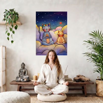 Gray and orange cats meditating together on a cloud at night under a starry sky.  The poster is in the center of the living room wall. There is a woman meditating facing away from the wall. Behind her is a coffee table with incense and a Buddha statue. There are potted plants on the right and left side of the background.
