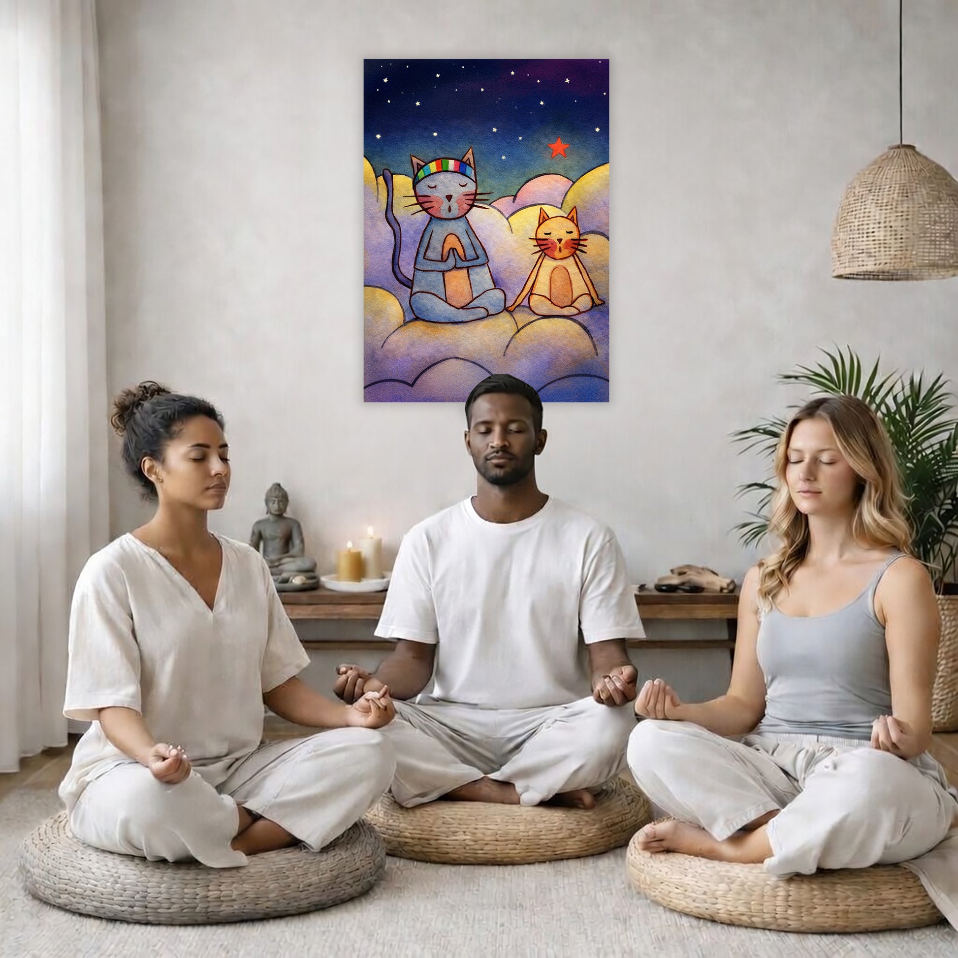 Gray and orange cats meditating together on a cloud at night under a starry sky. Three friends are sitting on wicker pillows meditating in a living room. The poster is on the wall behind them. The table behind them has a Buddha statue and a lit candle. There is a white curtain to the left and a hanging lamp and a potted green plant on the right.
