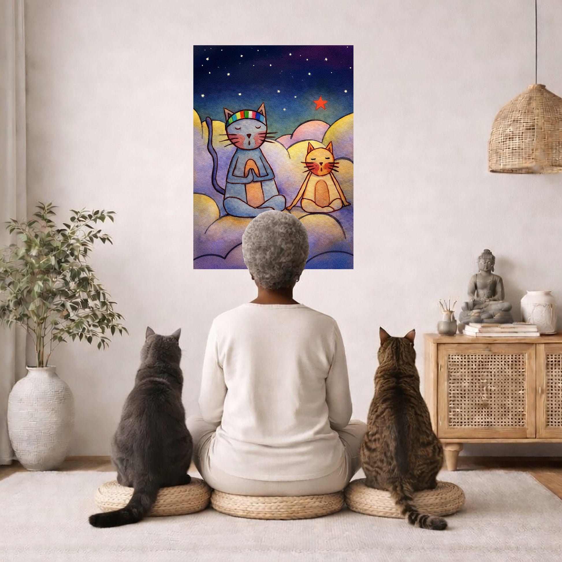 Gray and orange cats meditating together on a cloud at night under a starry sky.  A woman and two cats are  meditating looking toward the poster.