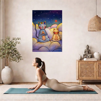 Gray and orange cats meditating together on a cloud at night under a starry sky.  The poster is hanging on the wall. A woman on her yoga mat is doing the cobra pose in front of the poster. here is a potted plant on the left side and a cabinet with a Buddha statue on it on the right side.