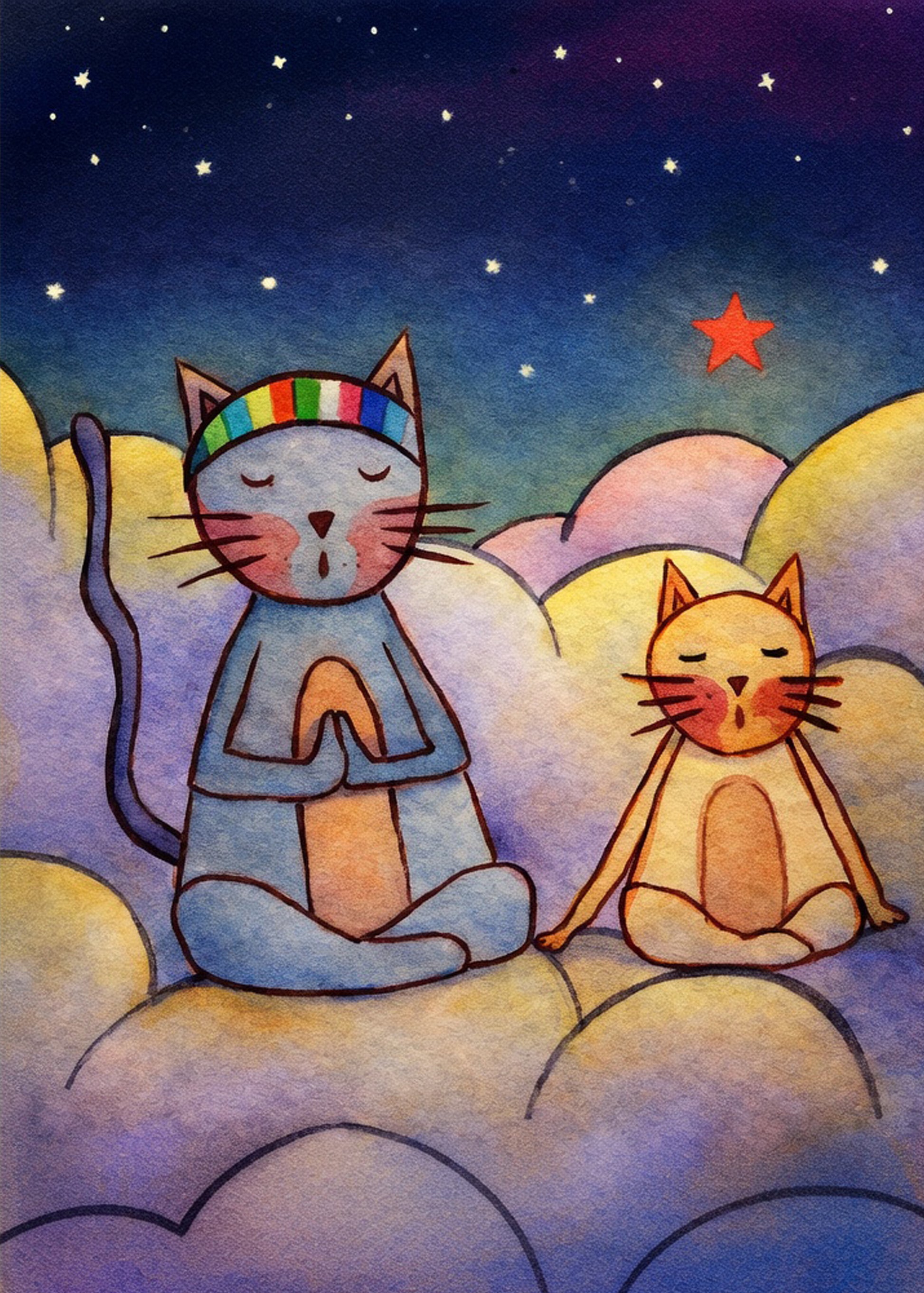Gray and orange cats meditating together on a cloud at night under a starry sky. This is a print of the original watercolor created by Brazilian artist Thaís Suizo for the LET'S MEDITATE series of meditation guides. 