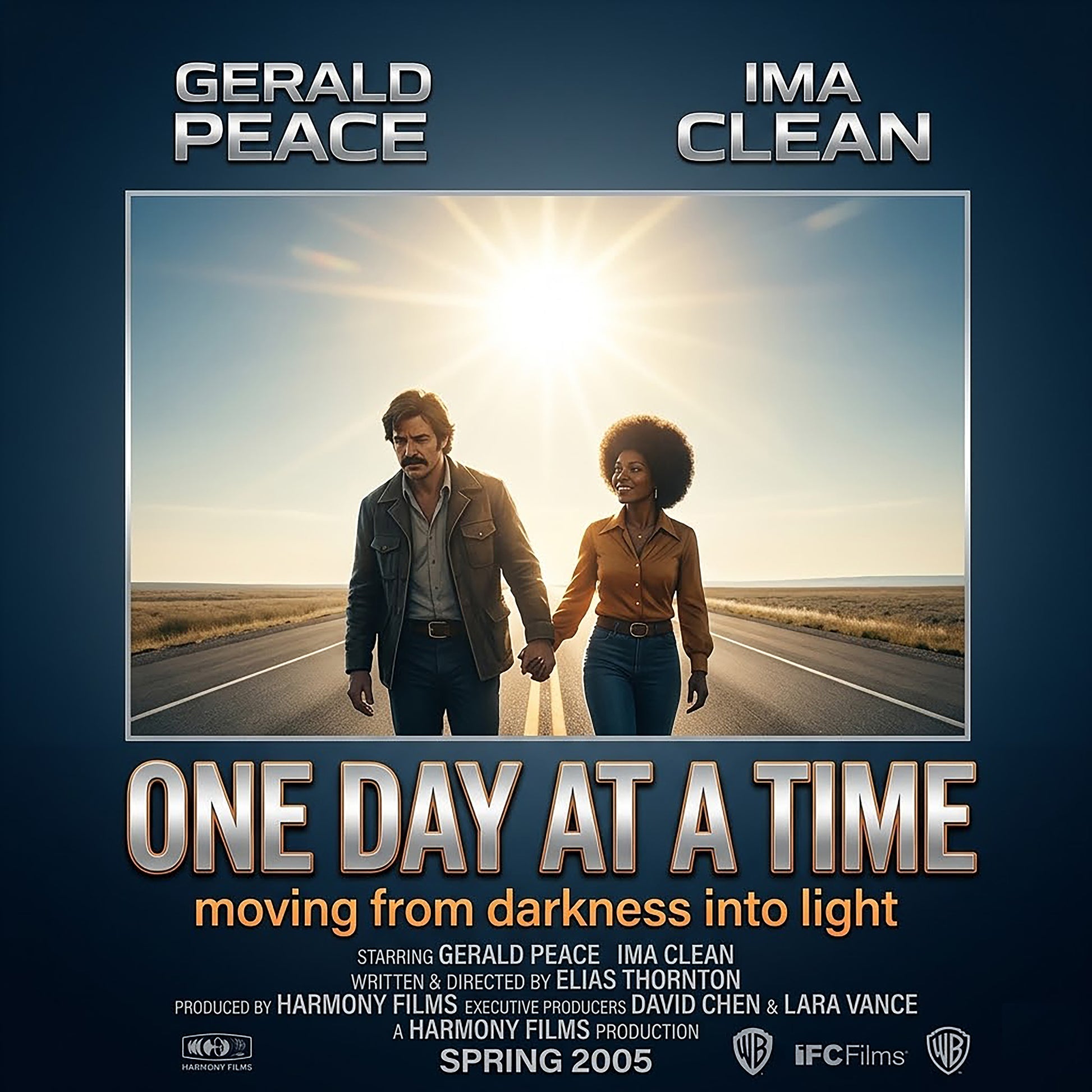 2000s inspired sobriety coffee mug design featuring a couple walking down an open highway at sunrise with “One Day at a Time” recovery message in cinematic movie poster style.