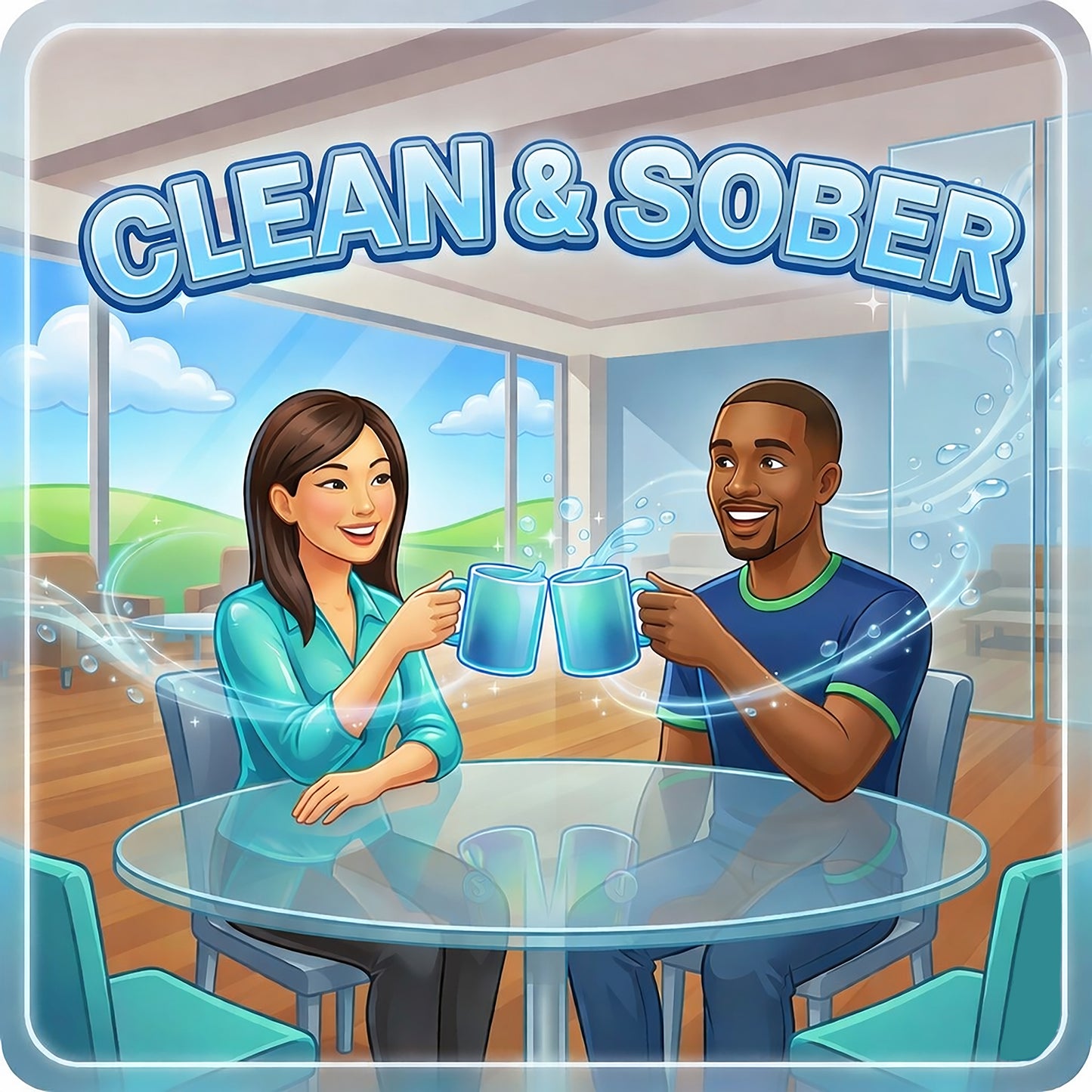 Modern clean and sober coffee mug design featuring two friends drinking coffee together in a bright contemporary setting with uplifting recovery theme and blue tones.