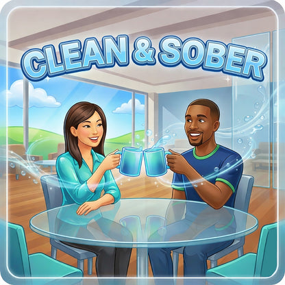Modern clean and sober coffee mug design featuring two friends drinking coffee together in a bright contemporary setting with uplifting recovery theme and blue tones.