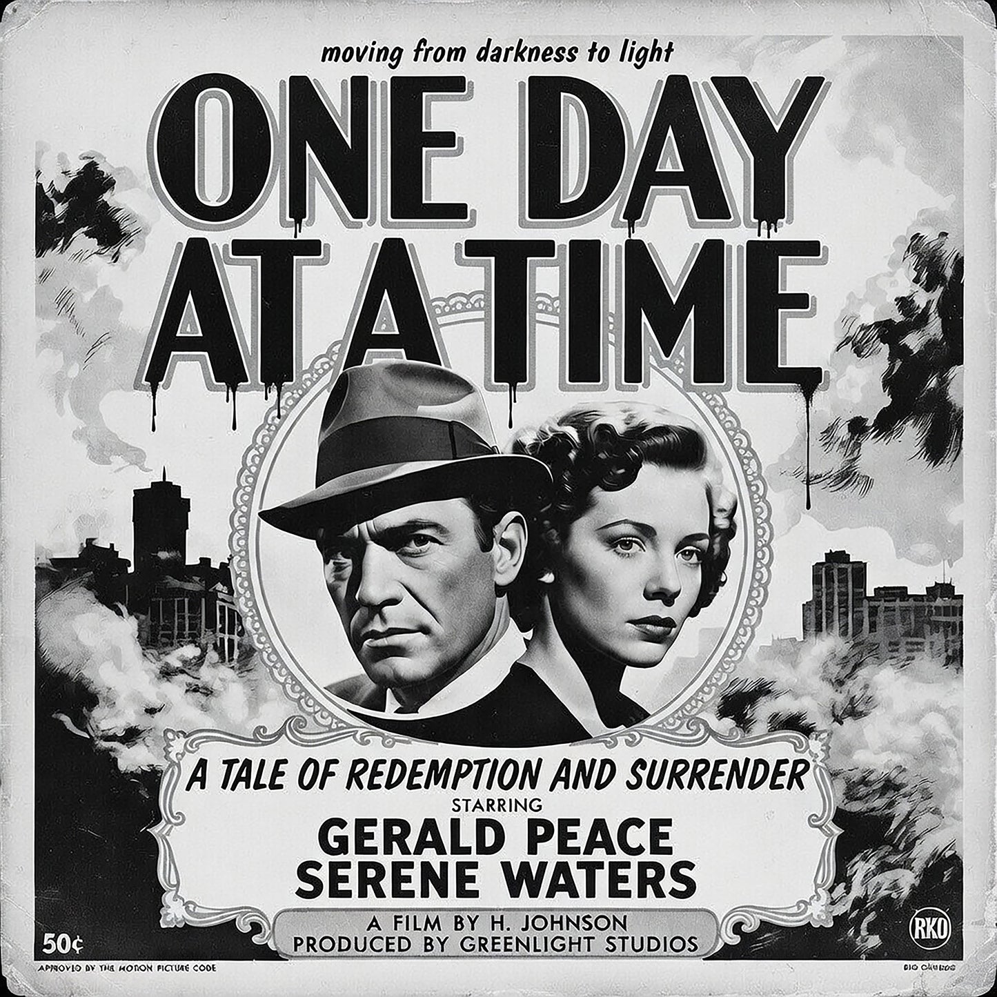 Thumbnail of a 1920s black and white retro sobriety coffee mug design featuring “One Day At A Time” message with vintage noir couple, smoky city background, and classic recovery movie poster artwork.
