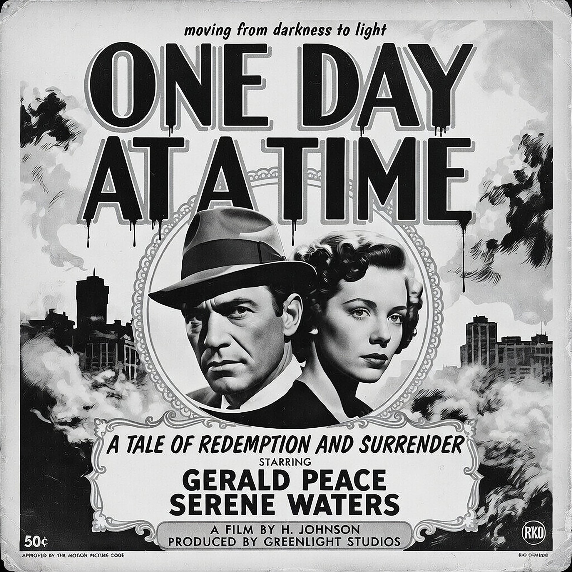Thumbnail of a 1920s black and white retro sobriety coffee mug design featuring “One Day At A Time” message with vintage noir couple, smoky city background, and classic recovery movie poster artwork.