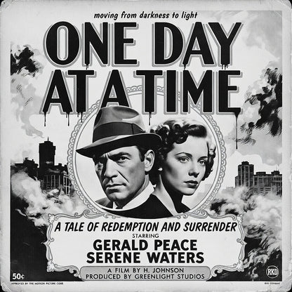 Thumbnail of a 1920s black and white retro sobriety coffee mug design featuring “One Day At A Time” message with vintage noir couple, smoky city background, and classic recovery movie poster artwork.