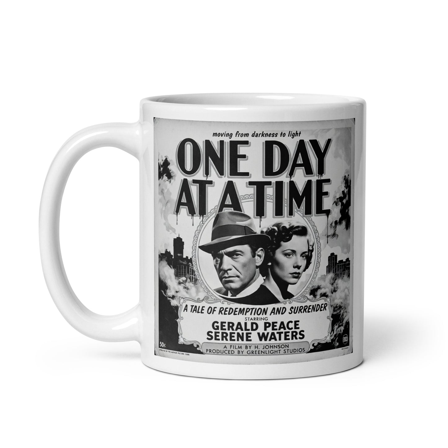 Beautiful and striking 1920s black and white retro sobriety coffee mug design featuring “One Day At A Time” message with vintage noir couple, smoky city background, and classic recovery movie poster artwork.