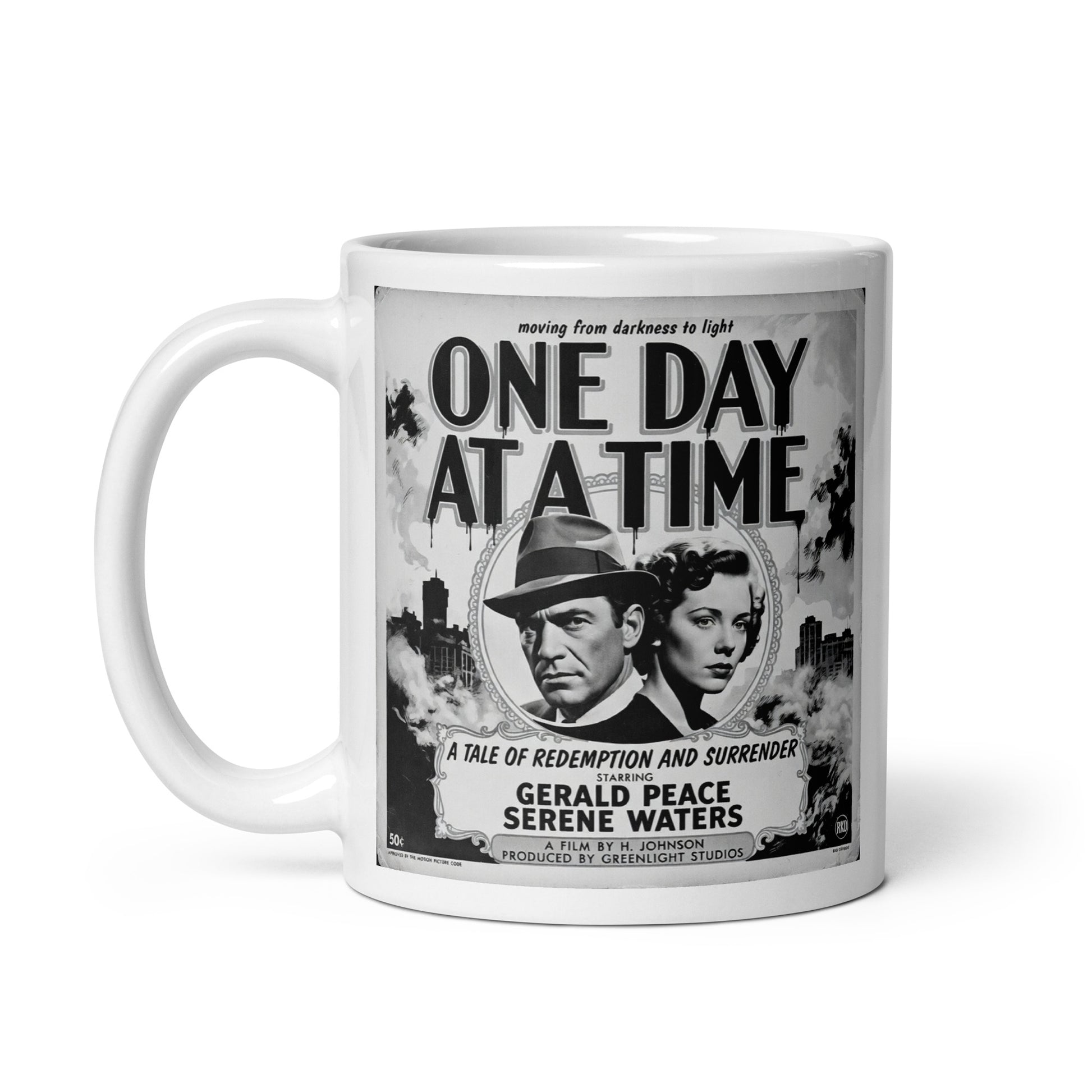 Beautiful and striking 1920s black and white retro sobriety coffee mug design featuring “One Day At A Time” message with vintage noir couple, smoky city background, and classic recovery movie poster artwork.