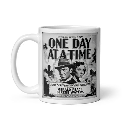Beautiful and striking 1920s black and white retro sobriety coffee mug design featuring “One Day At A Time” message with vintage noir couple, smoky city background, and classic recovery movie poster artwork.