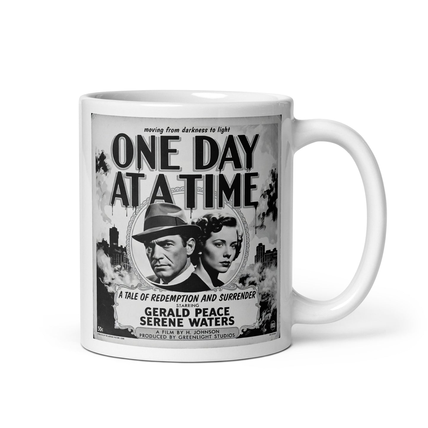 Intriguing and lively 1920s black and white retro sobriety coffee mug design featuring “One Day At A Time” message with vintage noir couple, smoky city background, and classic recovery movie poster artwork.