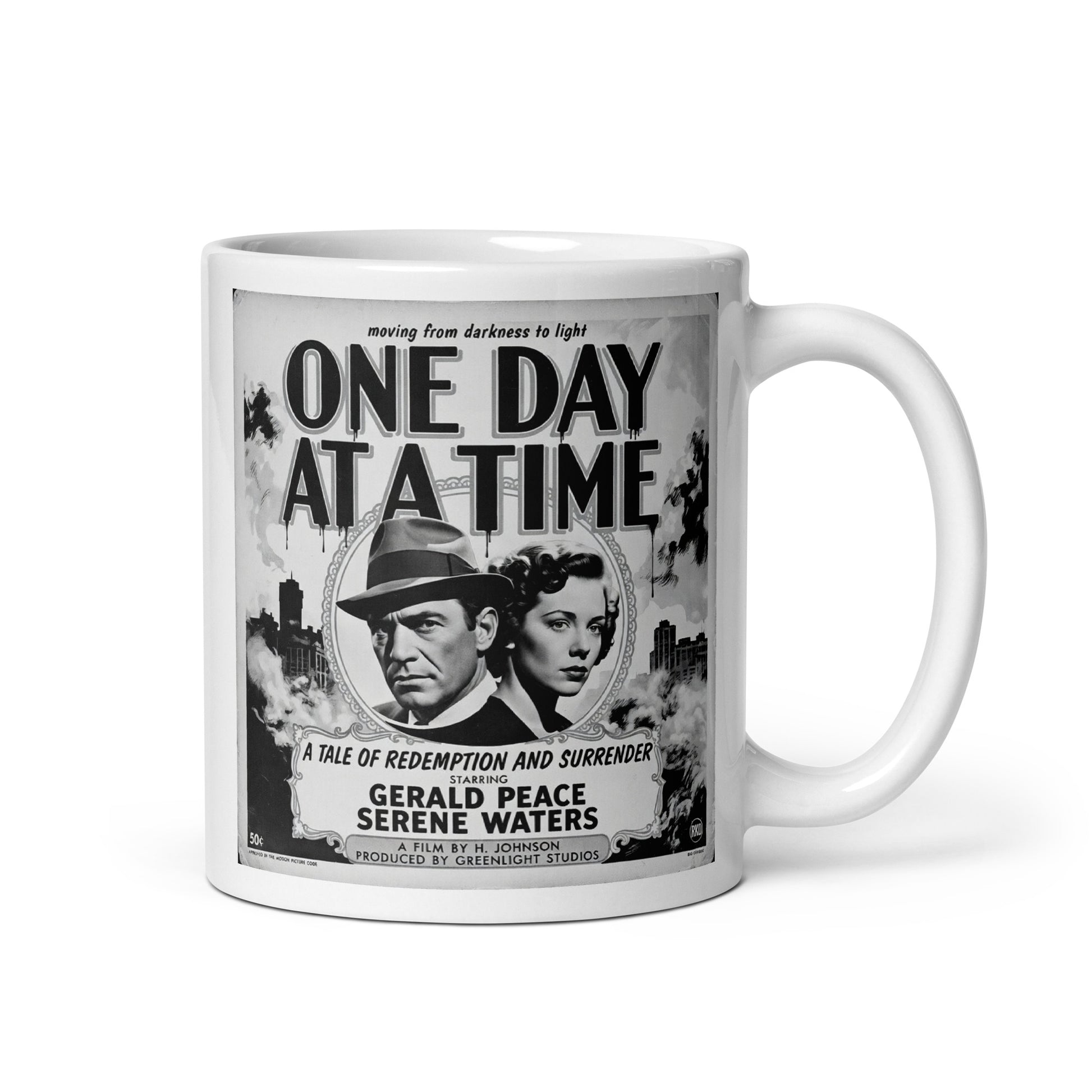 Intriguing and lively 1920s black and white retro sobriety coffee mug design featuring “One Day At A Time” message with vintage noir couple, smoky city background, and classic recovery movie poster artwork.