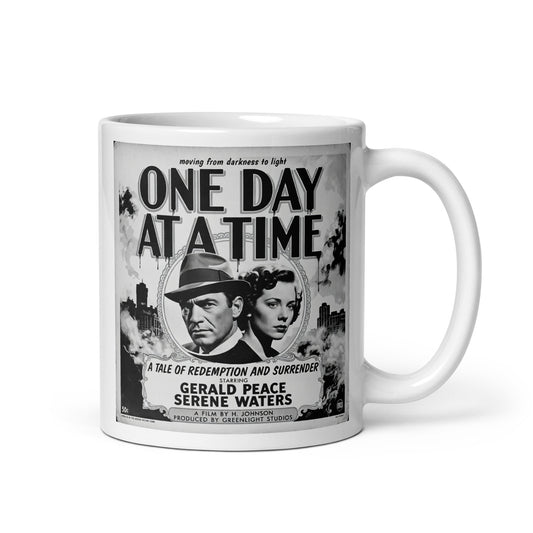 Intriguing and lively 1920s black and white retro sobriety coffee mug design featuring “One Day At A Time” message with vintage noir couple, smoky city background, and classic recovery movie poster artwork.