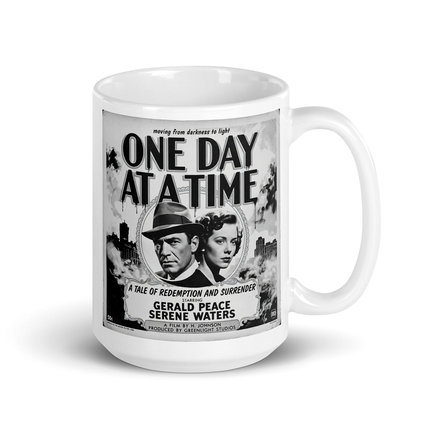 Mysterious and intriguing 1920s black and white retro sobriety coffee mug design featuring “One Day At A Time” message with vintage noir couple, smoky city background, and classic recovery movie poster artwork. 