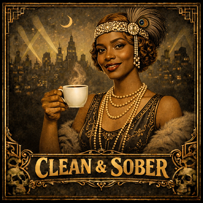 Thumbnail of a 1920s flapper style clean and sober coffee mug design featuring glamorous art deco woman holding coffee with vintage Gatsby-inspired noir city background and retro recovery theme.