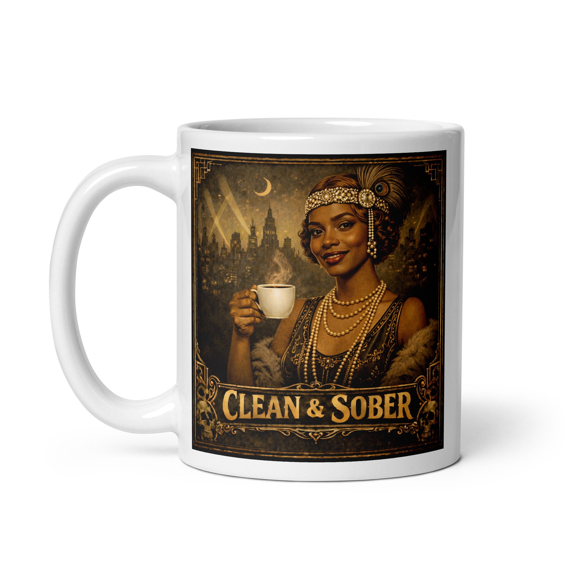Intriguing 1920s flapper style clean and sober coffee mug design featuring glamorous art deco woman holding coffee with vintage Gatsby-inspired noir city background and retro recovery theme.