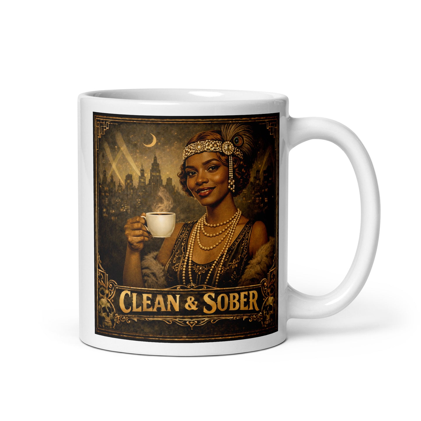 Lovely 1920s flapper style clean and sober coffee mug design featuring glamorous art deco woman holding coffee with vintage Gatsby-inspired noir city background and retro recovery theme.