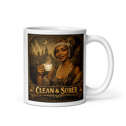 Lovely 1920s flapper style clean and sober coffee mug design featuring glamorous art deco woman holding coffee with vintage Gatsby-inspired noir city background and retro recovery theme.