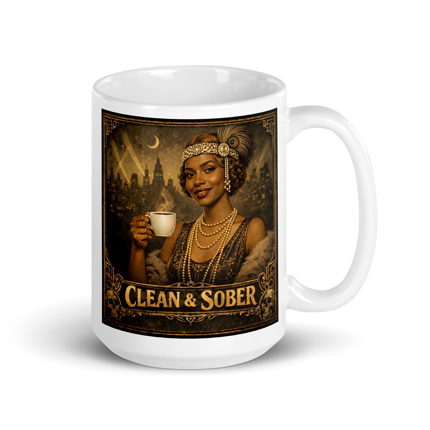 Beautiful and striking 1920s flapper style clean and sober coffee mug design featuring glamorous art deco woman holding coffee with vintage Gatsby-inspired noir city background and retro recovery theme.